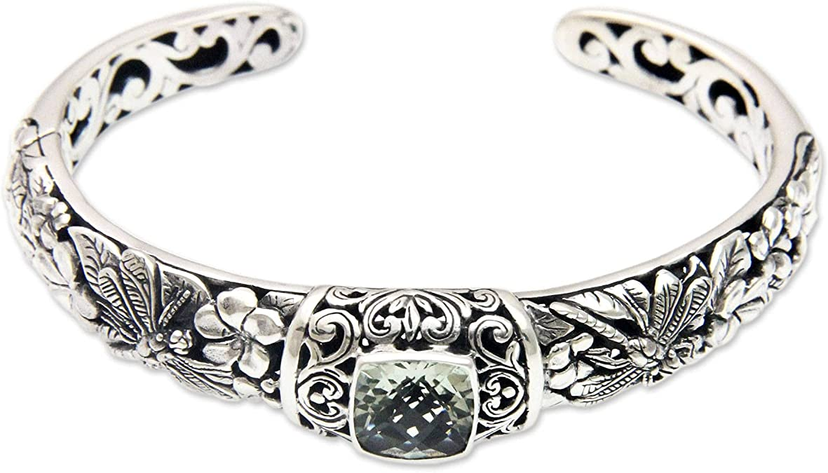 NOVICA Prasiolite .925 Sterling Silver Cuff Bracelet 'Dragonfly Frangipanis'